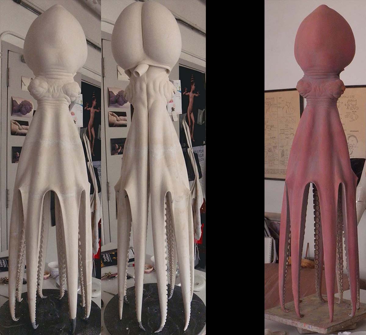 octopus sculptures being painted